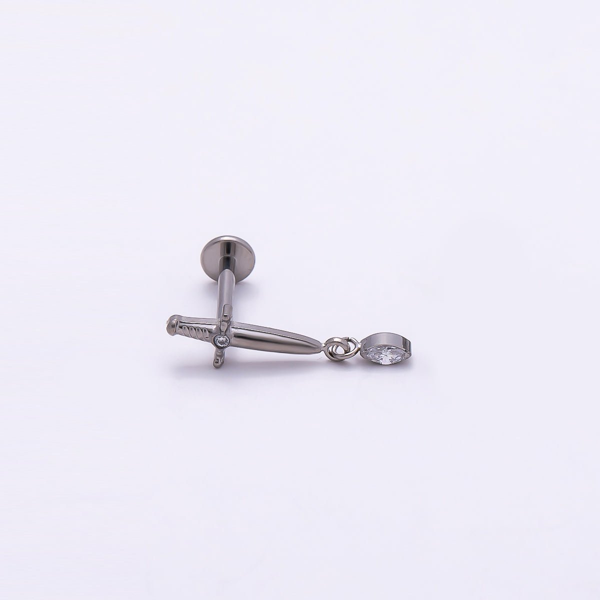 Titanium 13mm Dagger Knife CZ Drop Cartilage Piercing Flat Back Stud in Gold & Silver | BJ-00067 BJ-00068