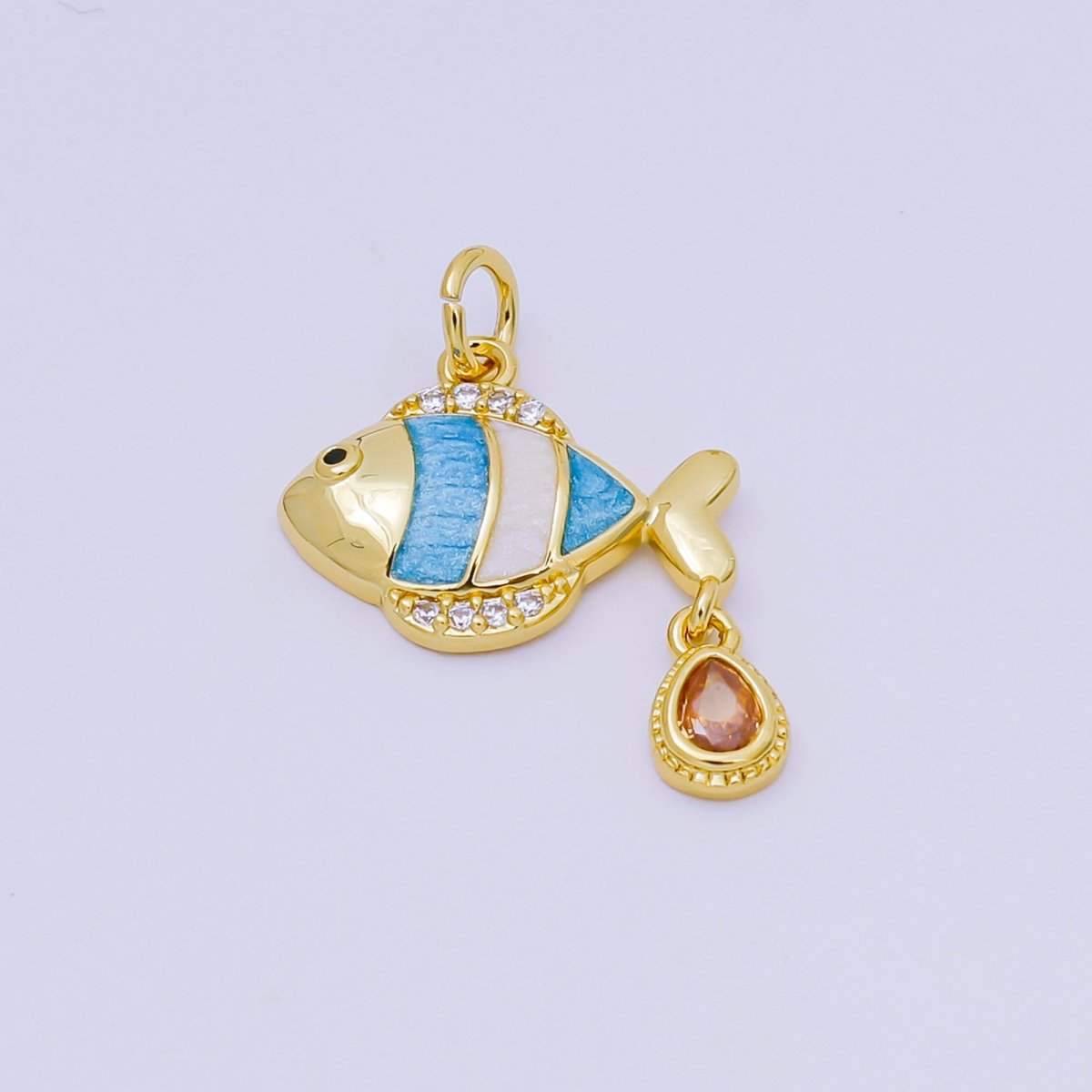 24K Gold Filled 13mm Enamel Micro Paved CZ Blue Clown Fish Charm | AJ393