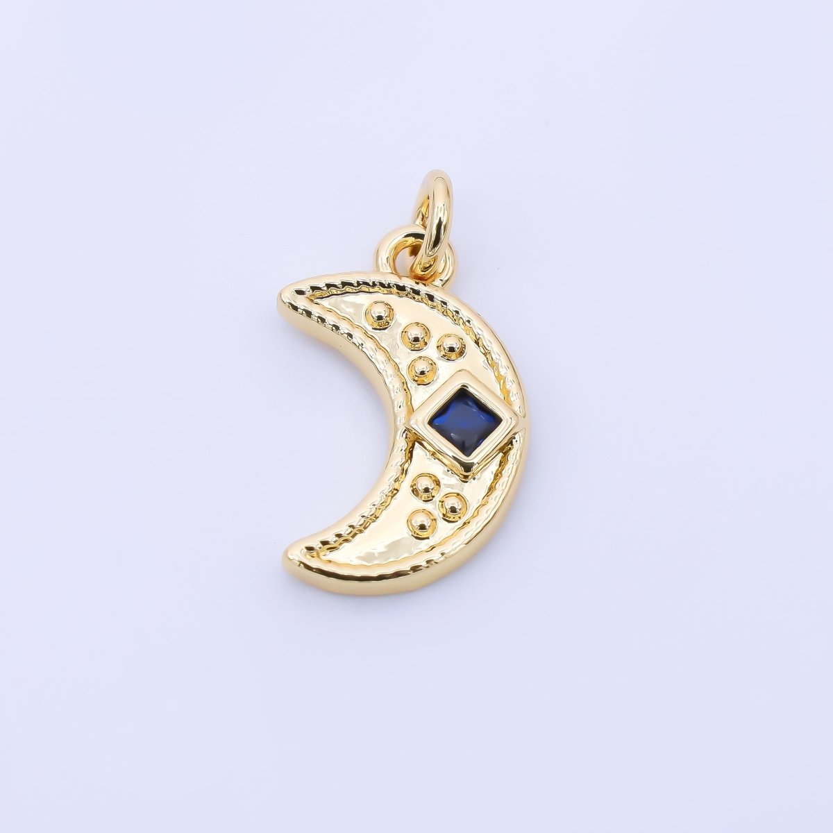 24K Gold Filled 14mm Blue Square CZ Celestial Crescent Moon Charm | AC01609