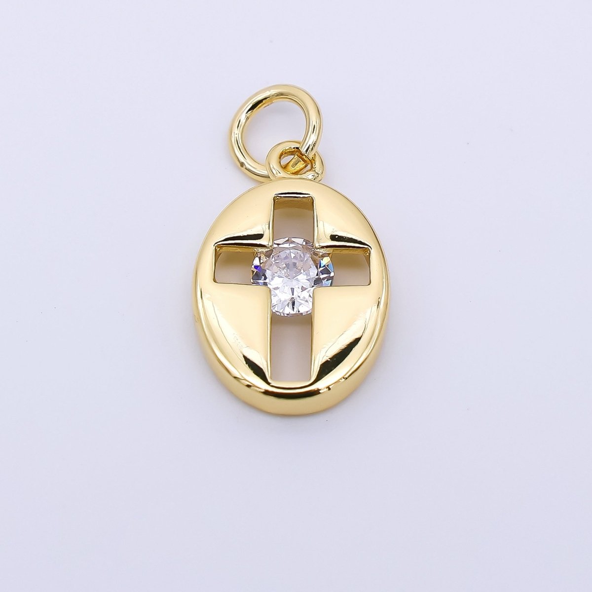 24K Gold Filled 14mm Clear CZ Open Religious Cross Oval Charm in Gold & Silver | AC01598