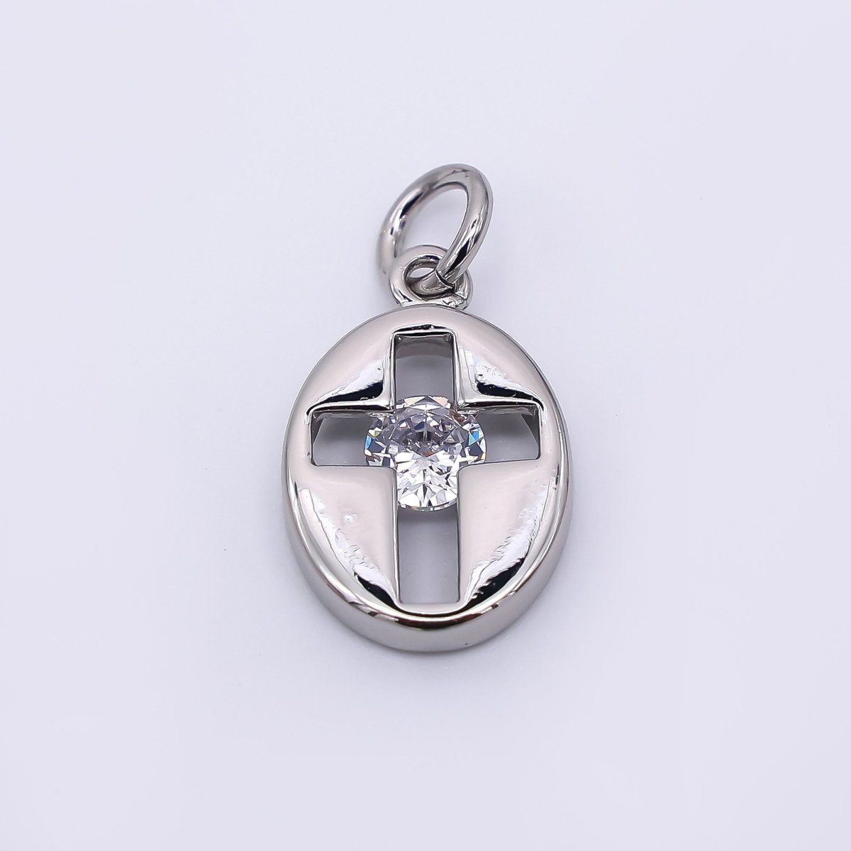 24K Gold Filled 14mm Clear CZ Open Religious Cross Oval Charm in Gold & Silver | AC01598