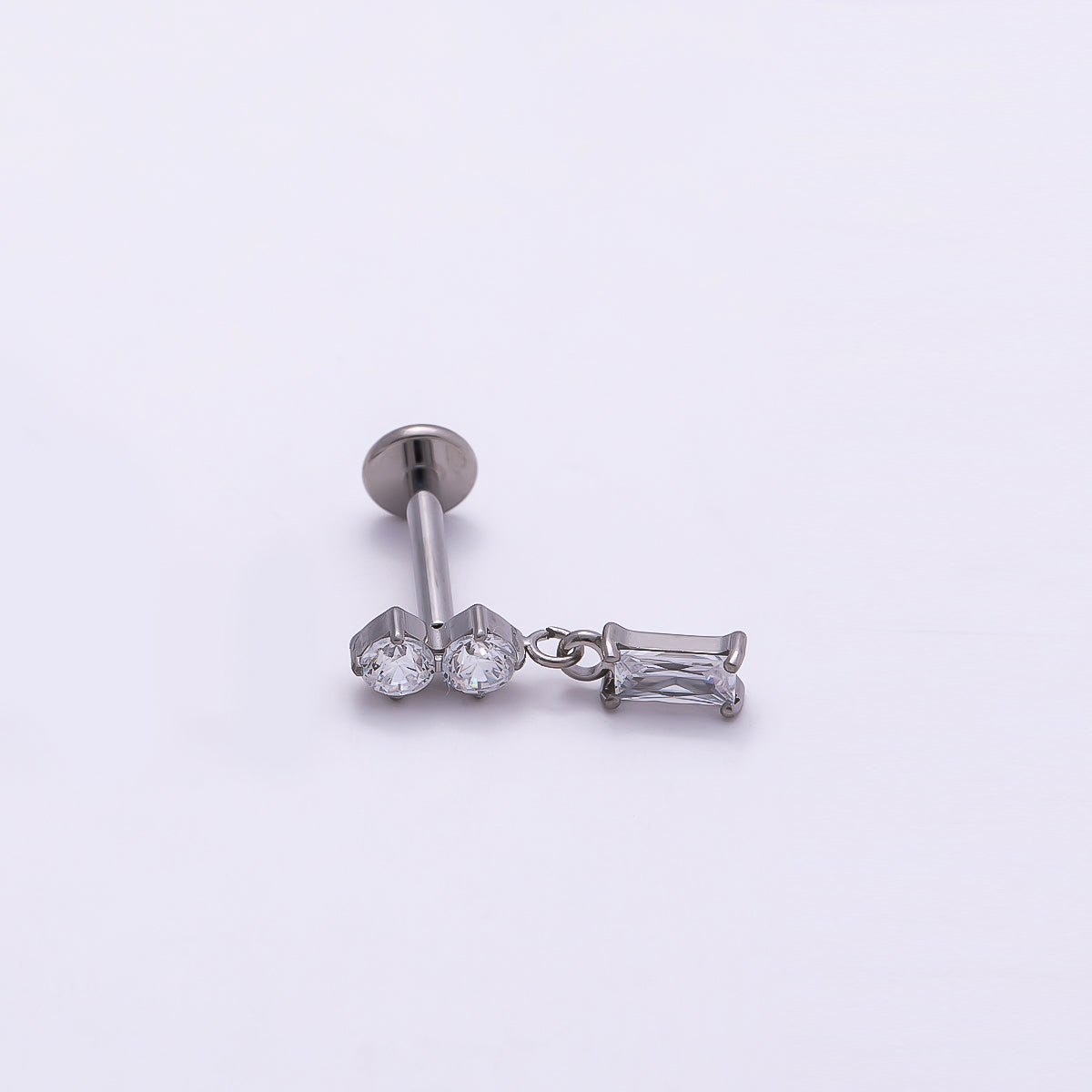 Titanium 14mm Clear CZ Round Baguette Drop Single Cartilage Piercing Flat Back Stud in Gold & Silver | BJ-00061 BJ-00062