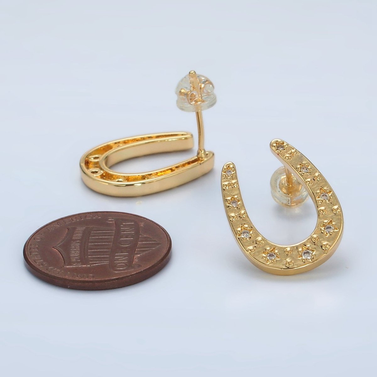 24K Gold Filled 14mm CZ Star Horseshoe Stud Earrings Set | Q102