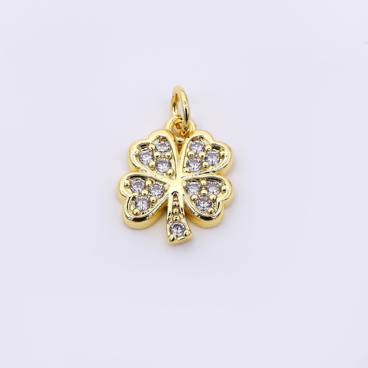 24K Gold Filled 14mm Micro Paved CZ 4 Leaf Lucky Clover Floral Charm | AF536