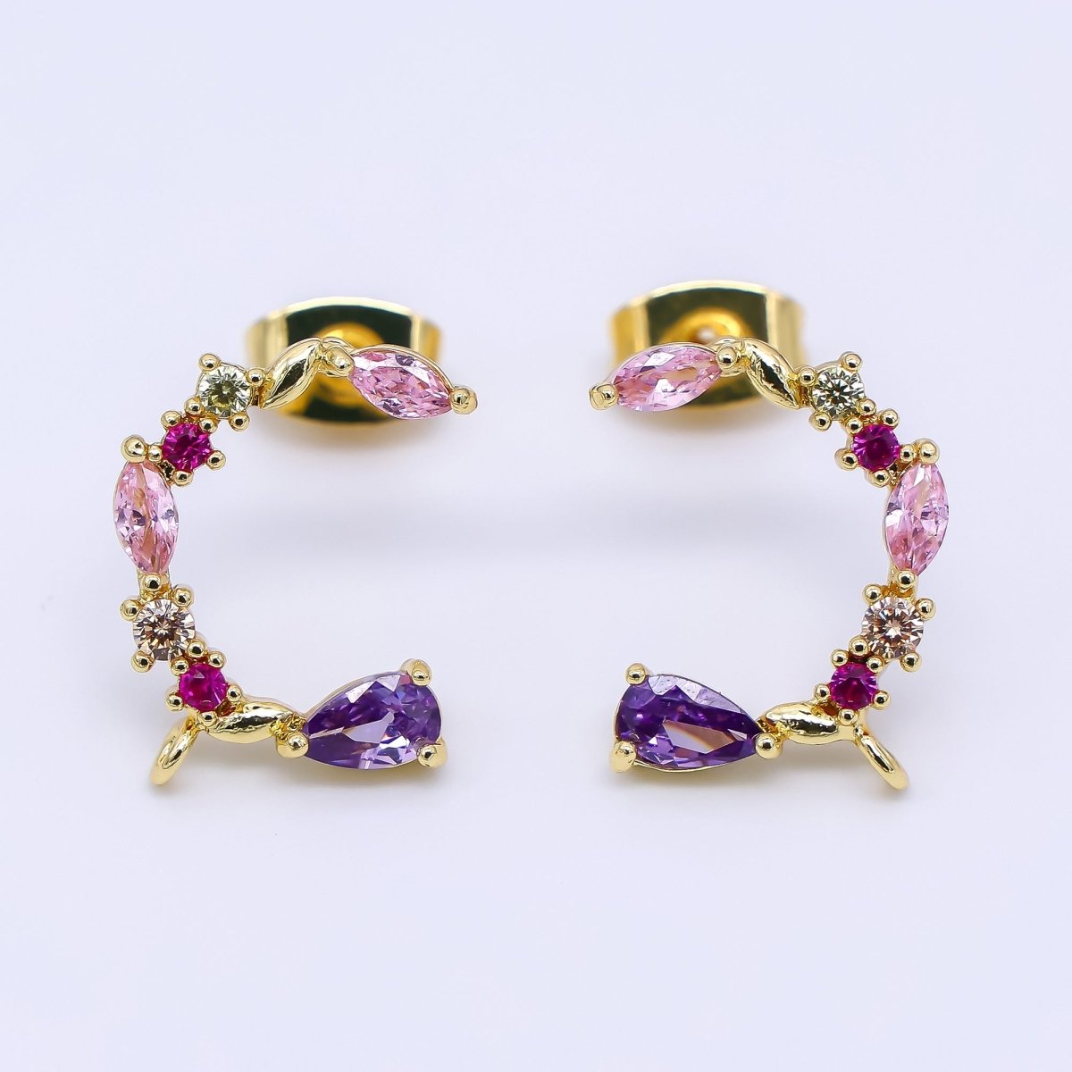 24K Gold Filled 14mm Mixed-Cut CZ C-Shaped Floral Half-Earrings Open Loop Earring Findings | K-003