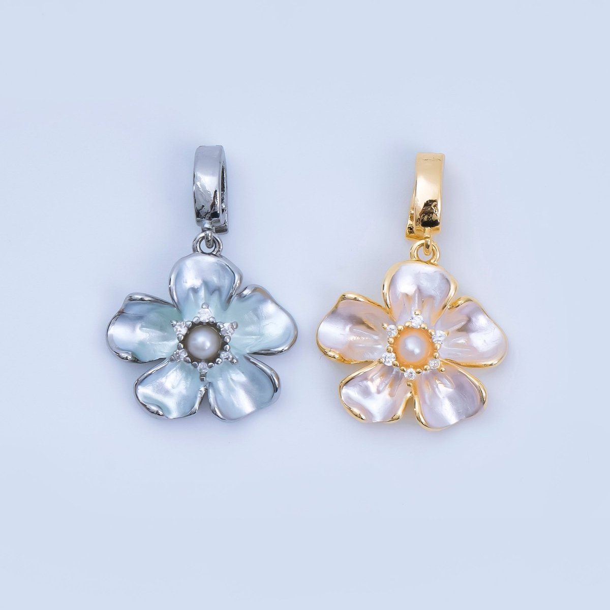 24K Gold Filled 16mm Micro Paved CZ Shell Pearl Flourish Blossom Flower Charm in Gold & Silver| AA-1589
