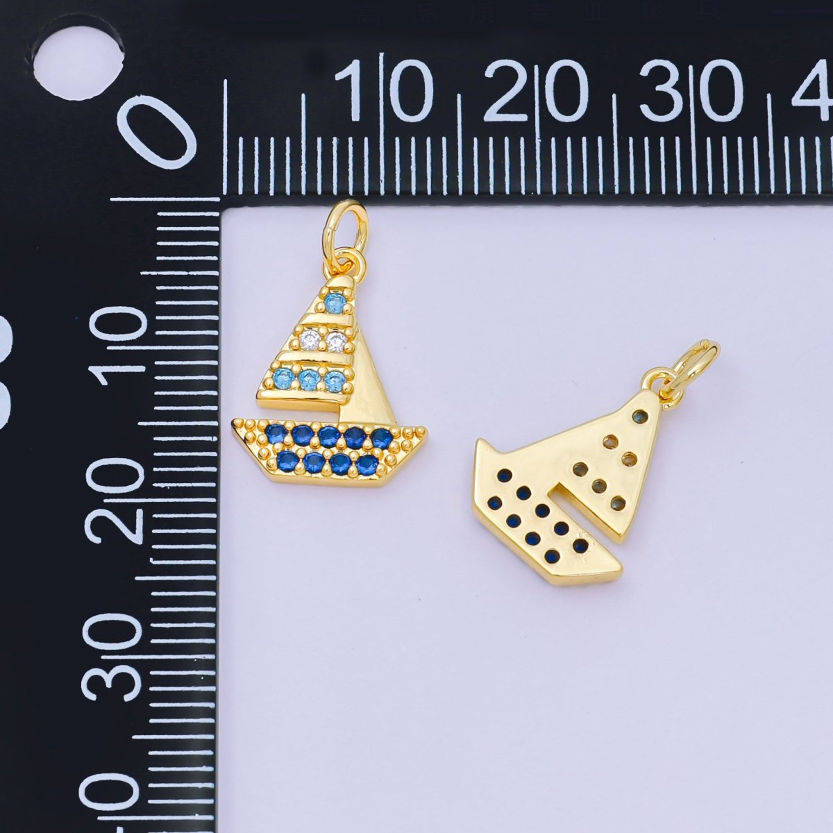 24K Gold Filled 16mm Gradient Blue Micro Paved CZ Sailing Ship Charm | D-353