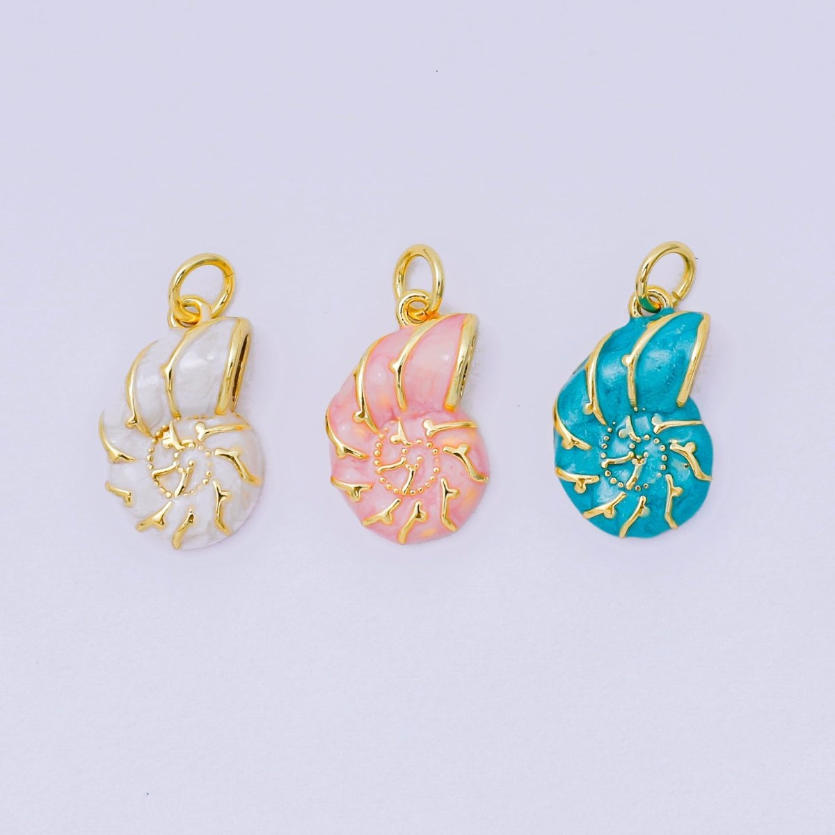 24K Gold Filled 17mm Enamel Colorful Sea Conch Shell Charm in Pink, Blue, & White | AH-629 H-630