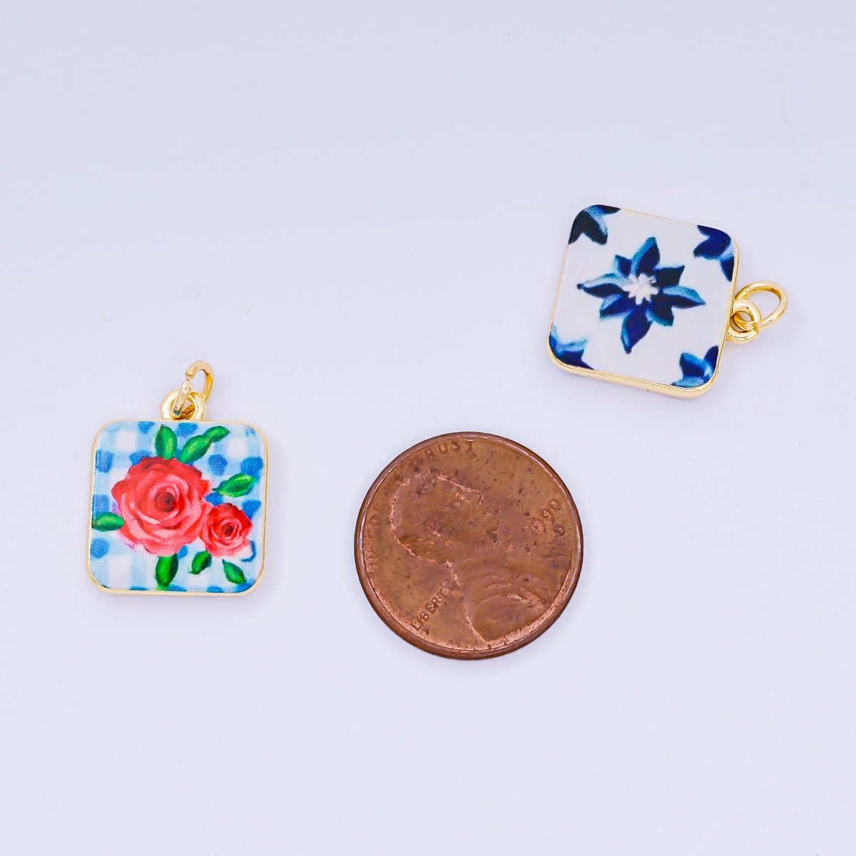 24K Gold Filled 17mm Enamel Art Square Red Rose Blue Flower Charm | AJ-518, AJ-537, AJ-527