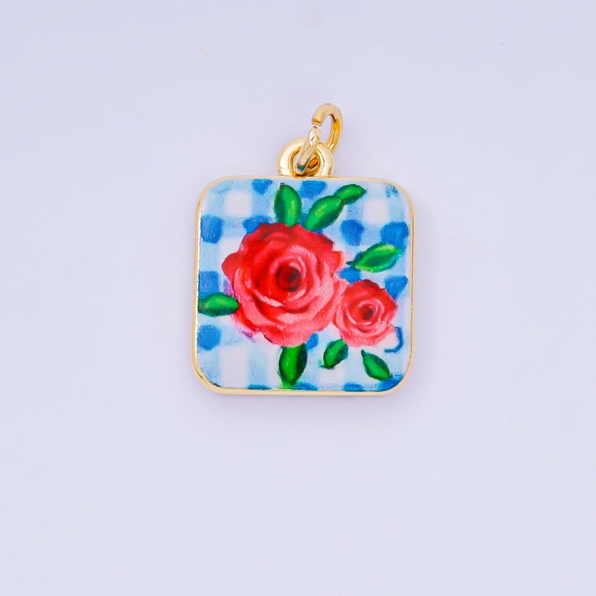 24K Gold Filled 17mm Enamel Art Square Red Rose Blue Flower Charm | AJ-518, AJ-537, AJ-527