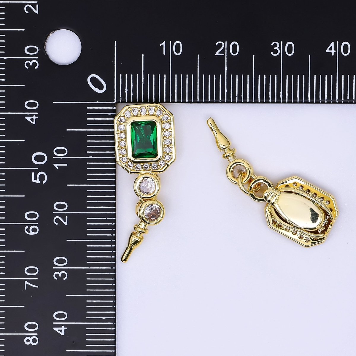 24K Gold Filled 17mm Micro Paved & Emerald Green Rectangular CZ Push-In Clasp Closure Findings | Z-1267