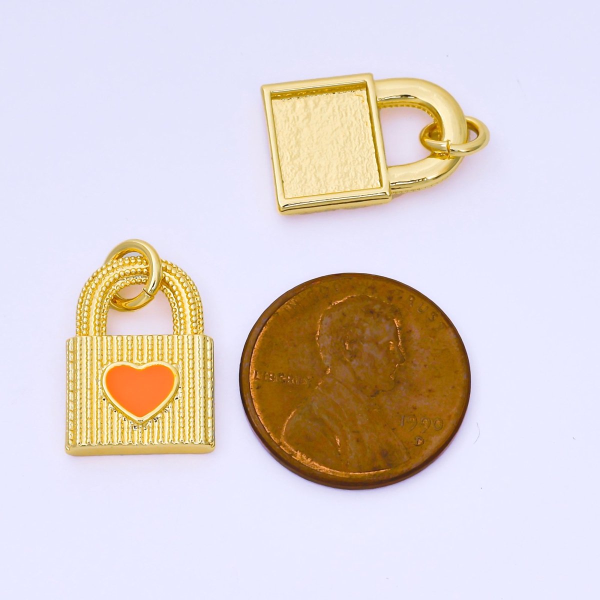 24K Gold Filled 17mm Orange Enamel Heart Dotted Lined Padlock Charm | AF1505