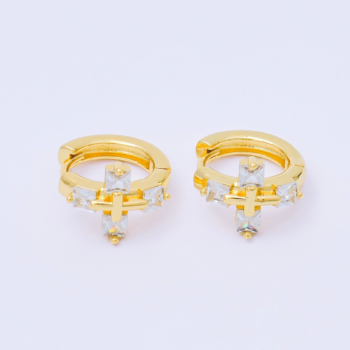 24K Gold Filled 17mm Square Baguette CZ Religious Cross Huggie Earrings | AB1565