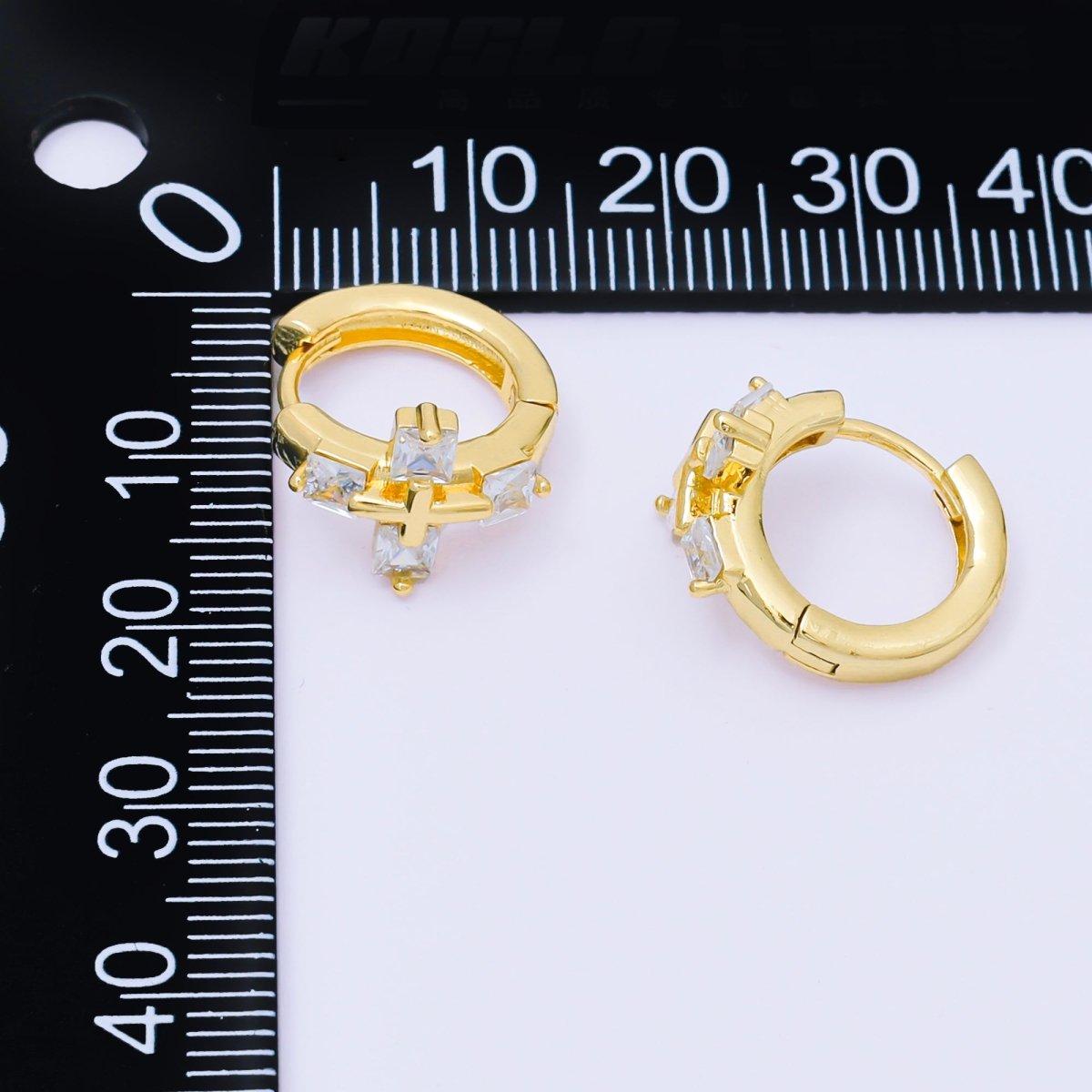 24K Gold Filled 17mm Square Baguette CZ Religious Cross Huggie Earrings | AB1565