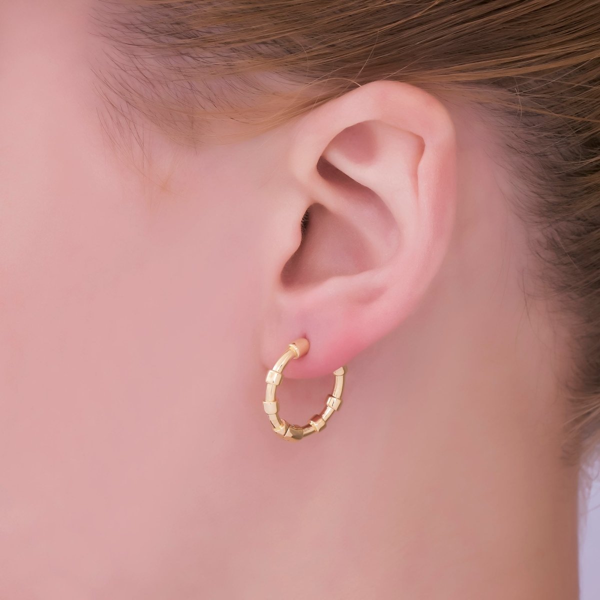 24K Gold Filled 18mm Beaded Hoop Earrings Modern Tube Design Hoops | AB1657