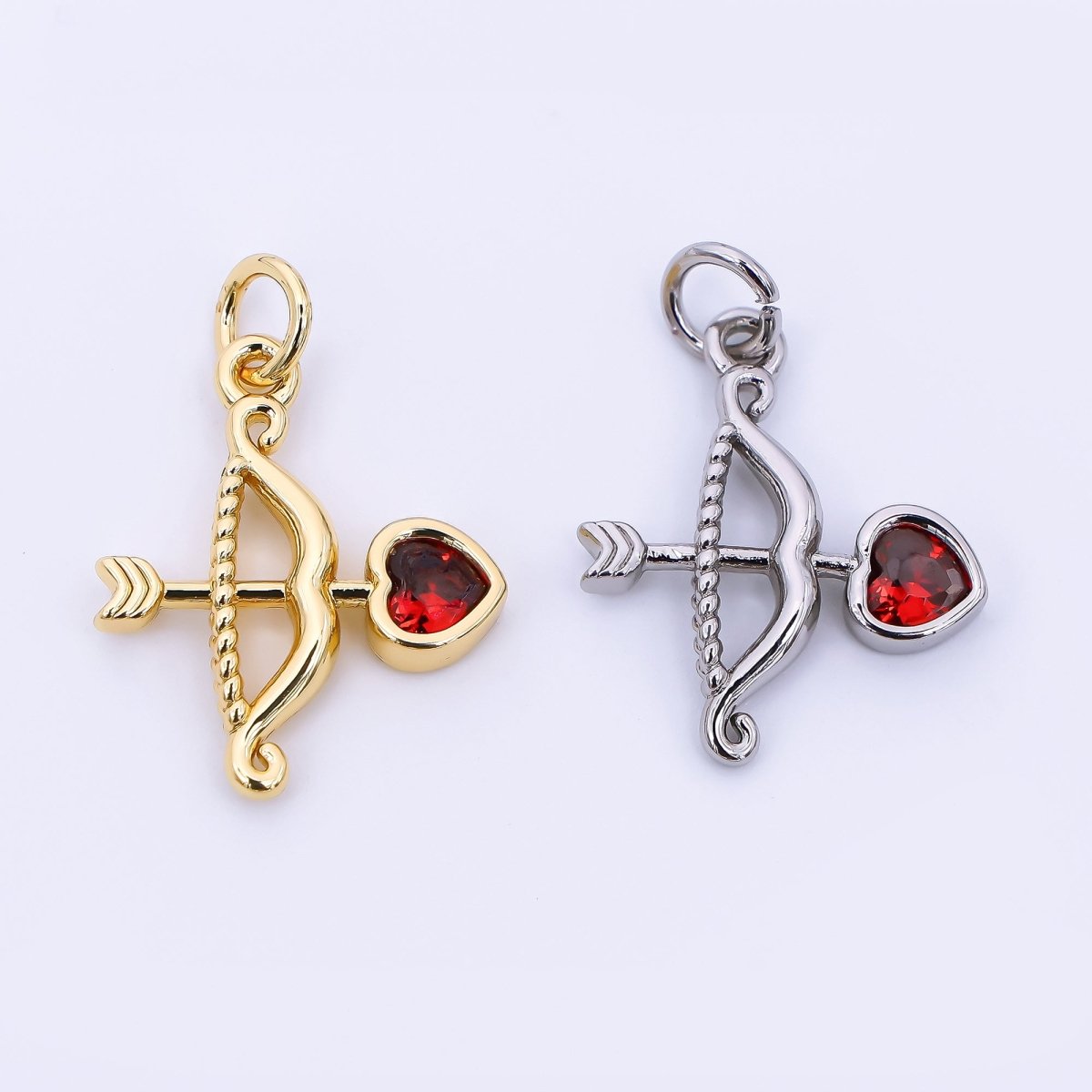 24K Gold Filled 18mm Red Heart-Shaped CZ Cupid Arrow Charm in Gold & Silver | M-573