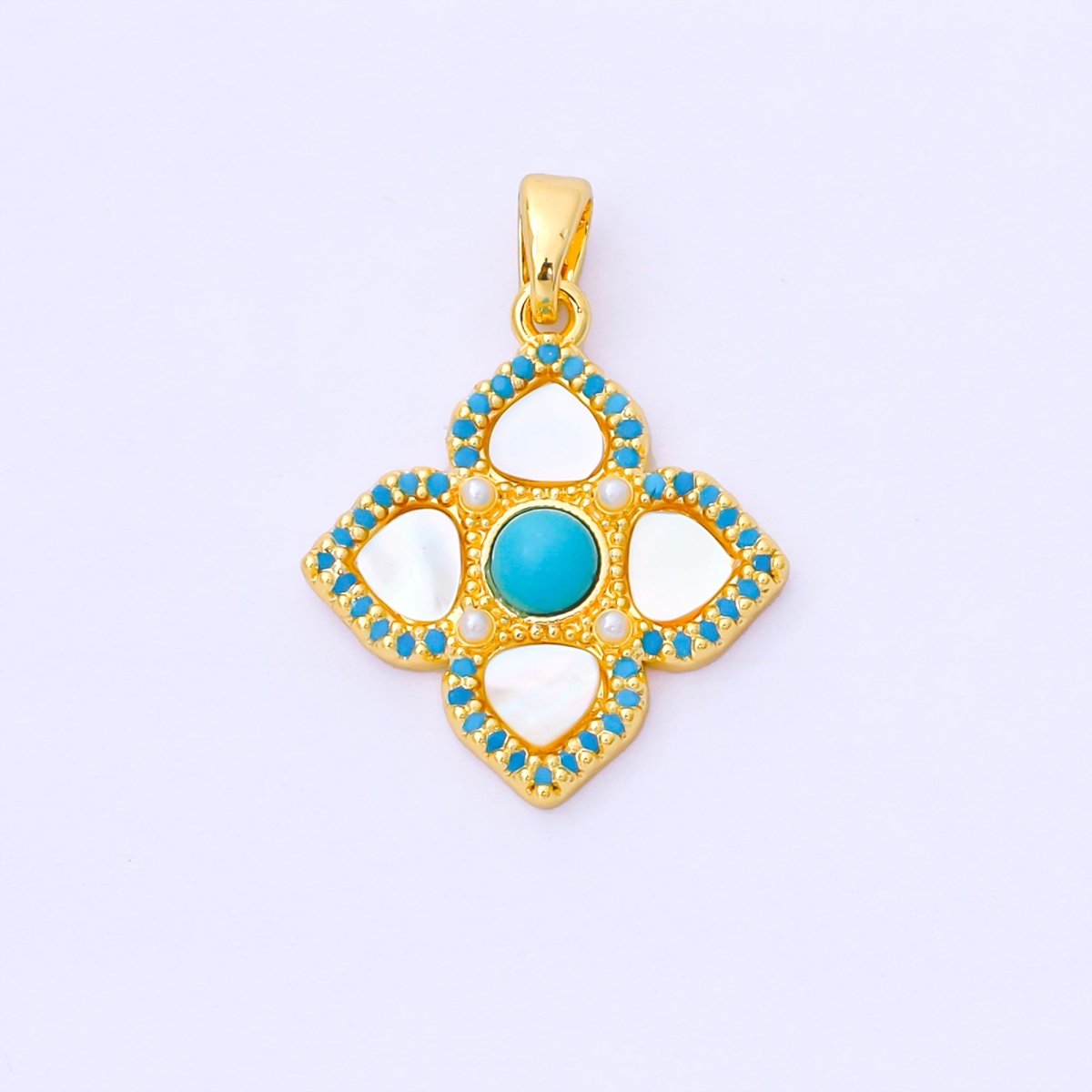 24K Gold Filled 20.5mm Turquoise Micro Paved CZ Shell Pearl Clover Charm | AA1650