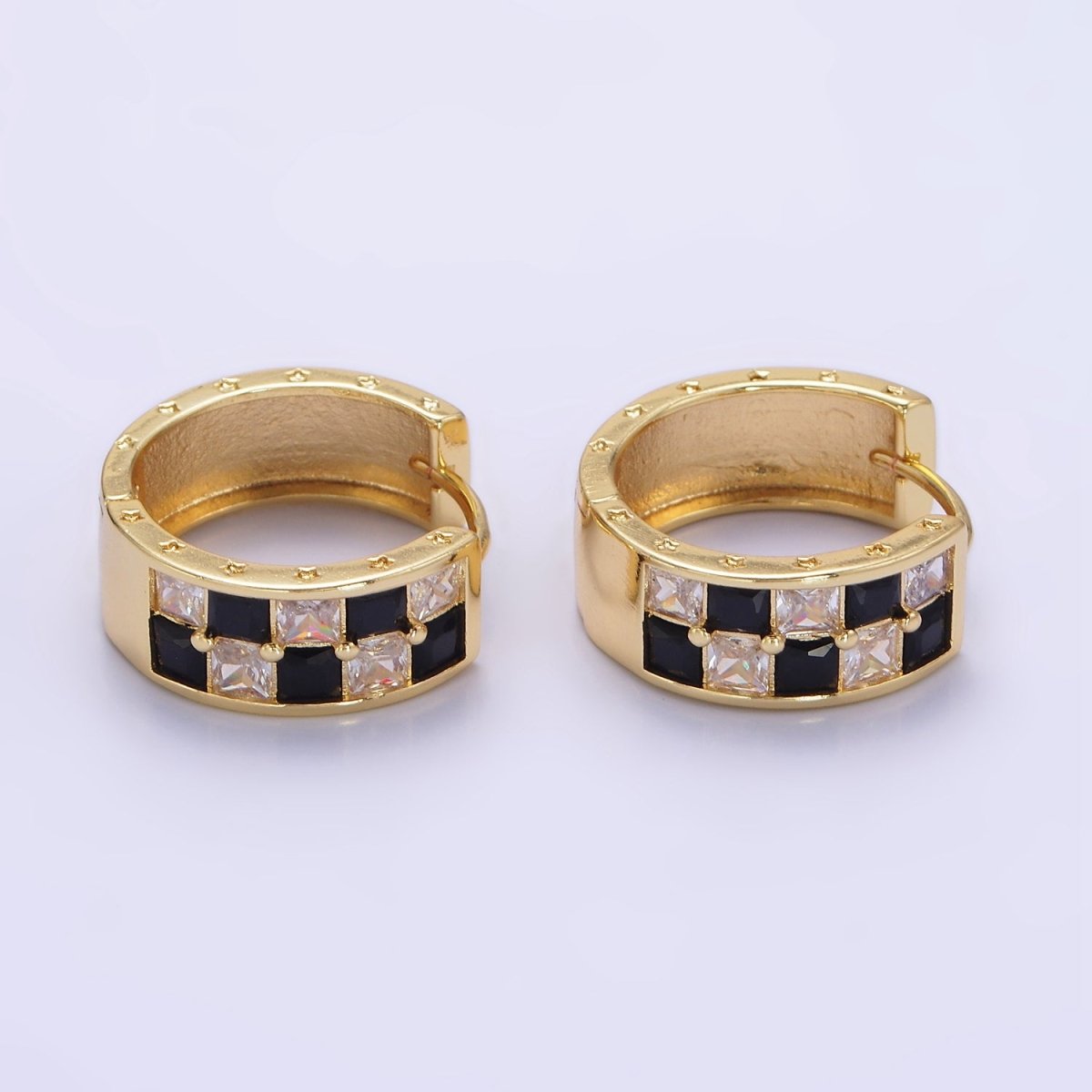 24K Gold Filled 20mm Black, Green Checkered CZ Huggie Hoop Earrings | P524