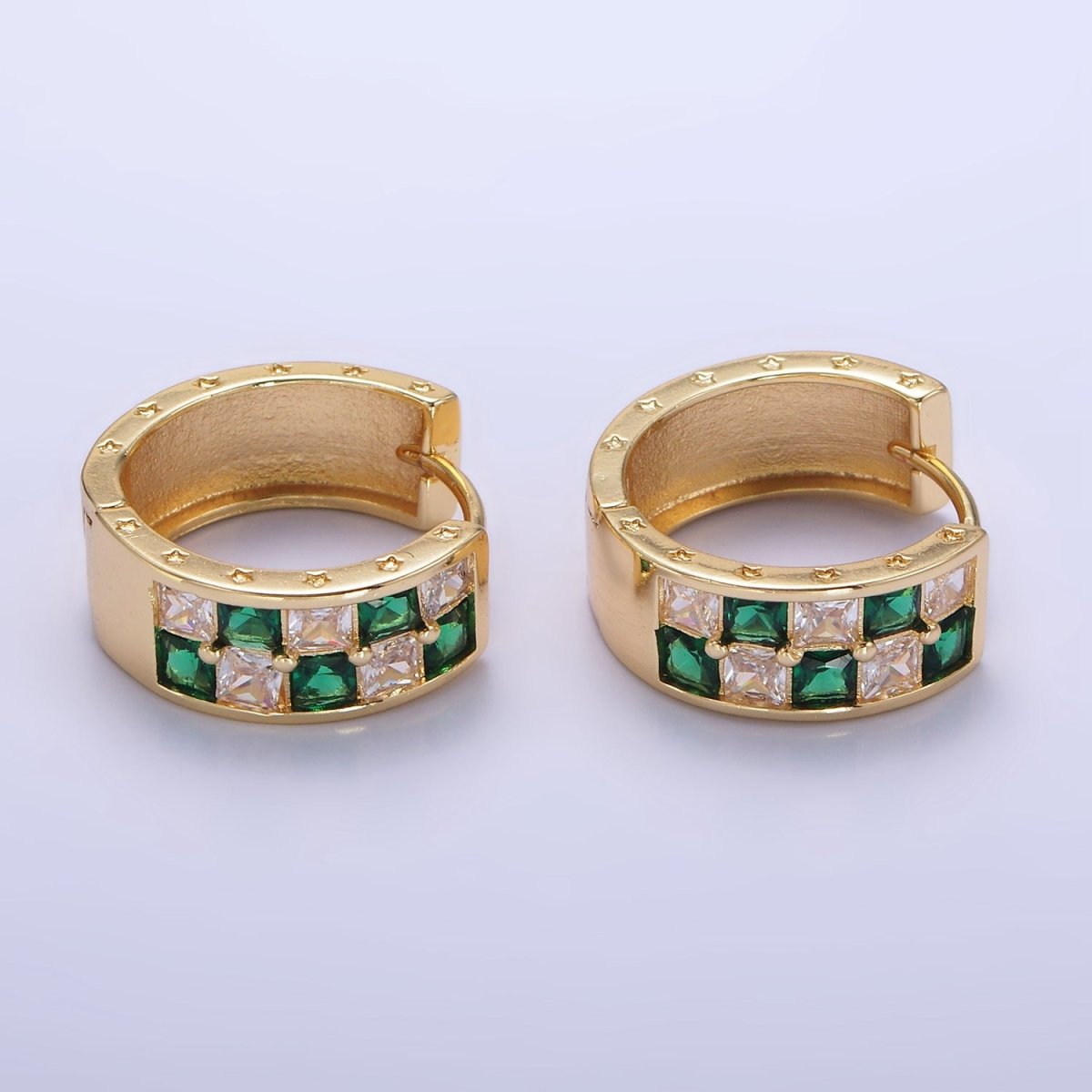 24K Gold Filled 20mm Black, Green Checkered CZ Huggie Hoop Earrings | P524