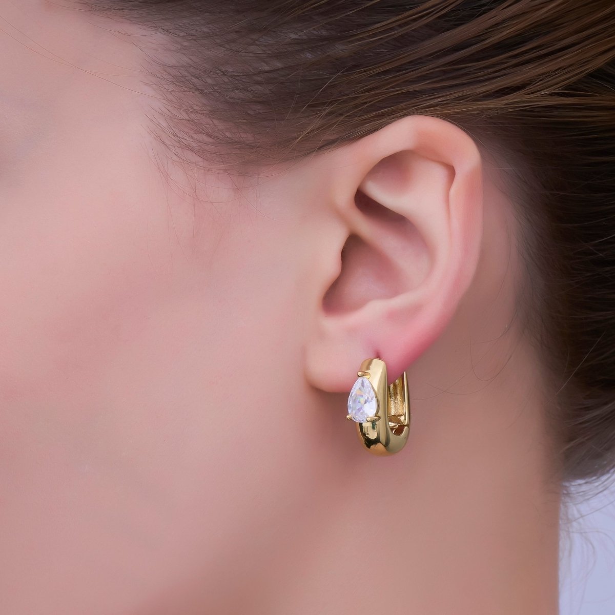 24K Gold Filled 20mm Clear CZ Teardrop U-Shaped Hoop Earrings | V510