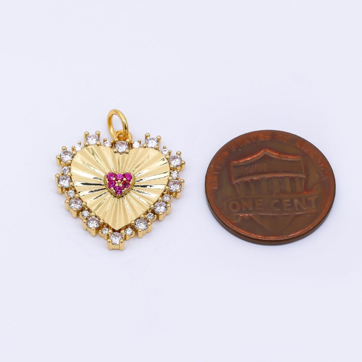 24K Gold Filled 20mm Clear, Pink Micro Paved CZ Sunburst Heart Charm | AH554
