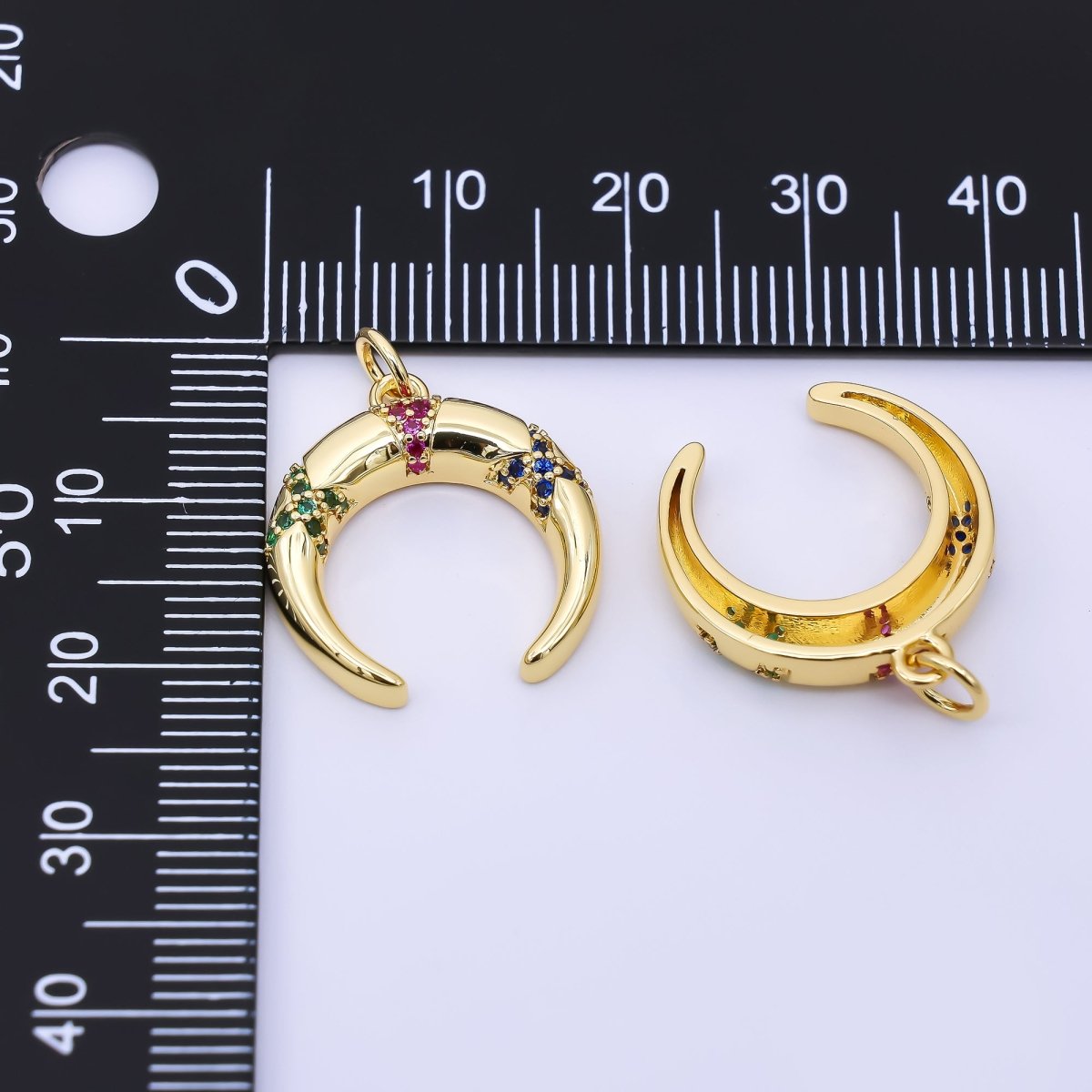 24K Gold Filled 20mm Multicolor Micro Paved CZ Crescent Moon Tusk Charm | AC1610