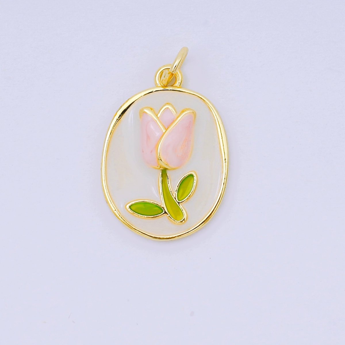 24K Gold Filled 20mm Enamel Art Blooming Tulip Emblem Charm in Pink & Orange | AH-631