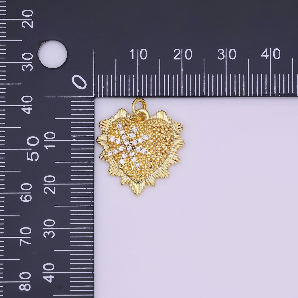 24K Gold Filled 20mm Micro Paved CZ North Star Dotted Sunburst Heart Charm in Gold & Silver | AF459