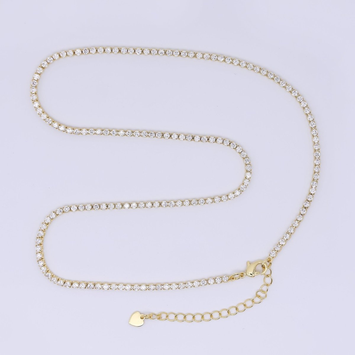 24K Gold Filled 2mm Blue, Green, Pink, Clear Classic Round Tennis Chain 16.5 Inch Choker Necklace w. Extender | WA-01292 WA-03812 ~ WA-03814