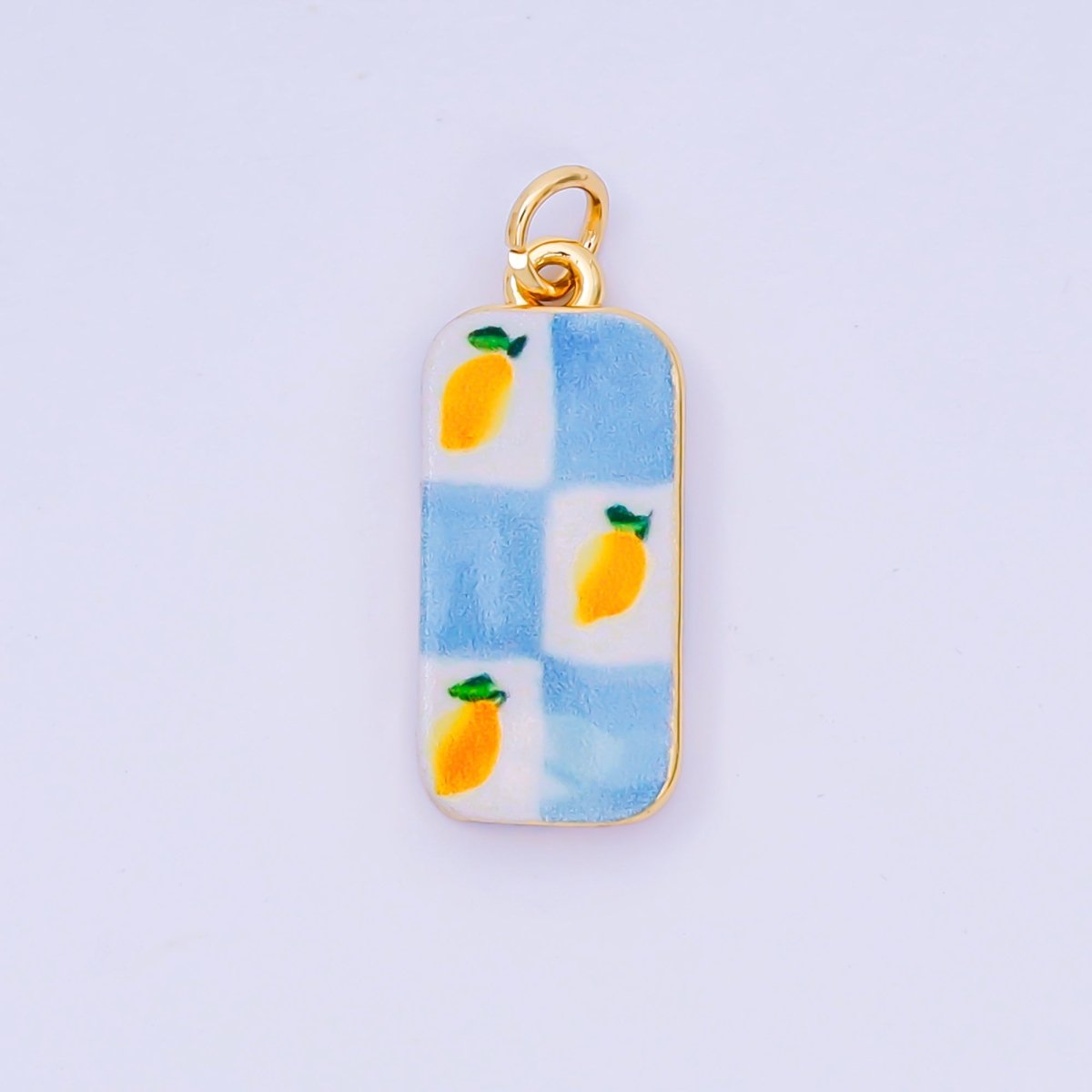 24K Gold Filled 22mm Enamel Art Blue Checkered Lemon Fruit Charm | AJ-526