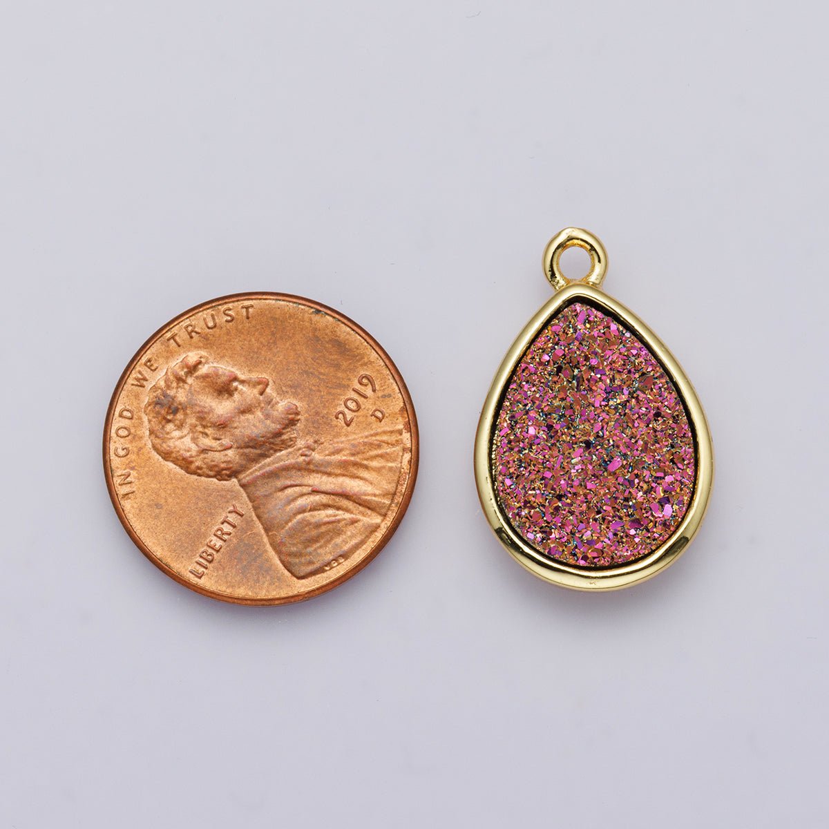 24K Gold Filled 22mm Pink, Purple Glitter Druzy Teardrop Charm | E00439