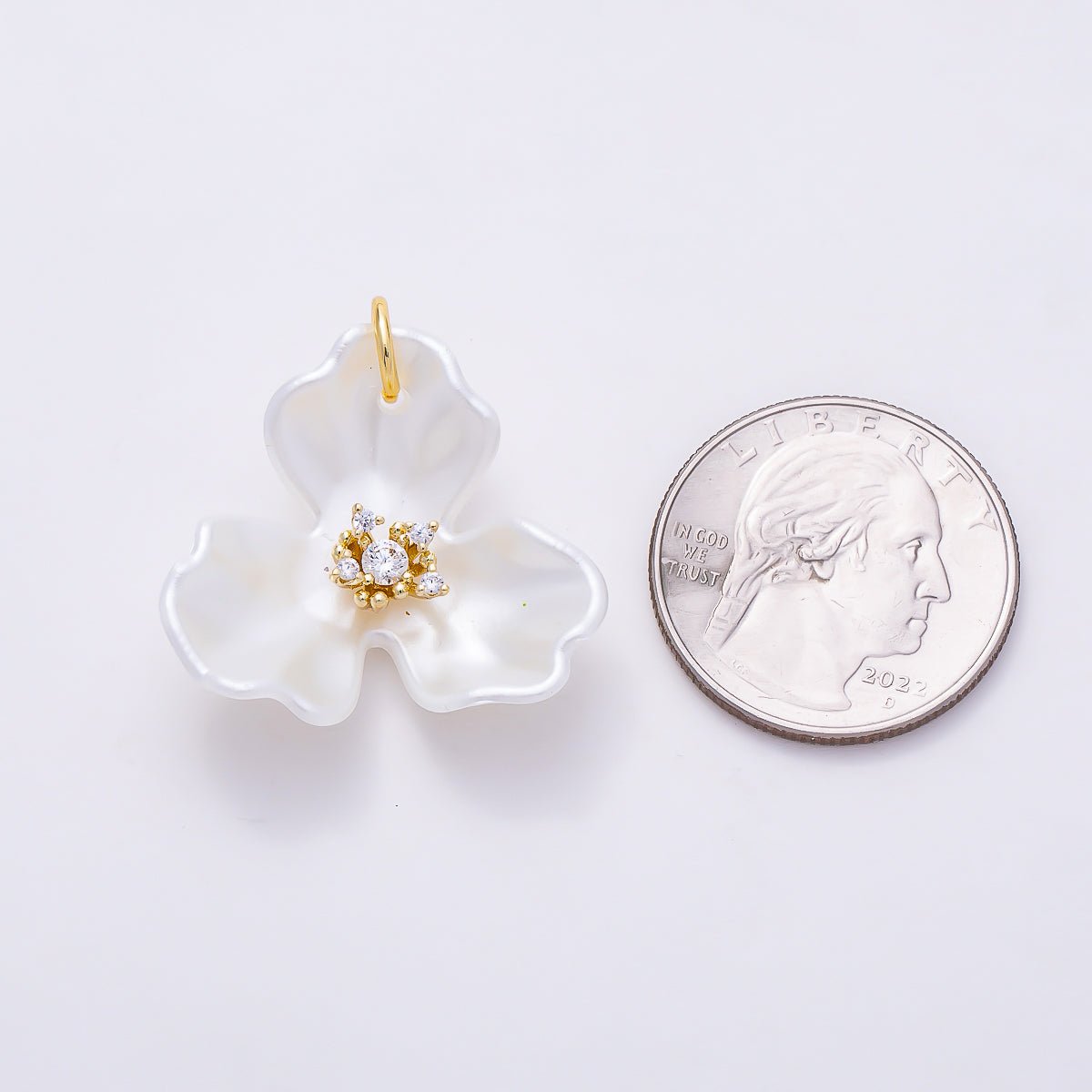 24K Gold Filled 22mm Round CZ White Orchid Bloom Flower Charm | N151