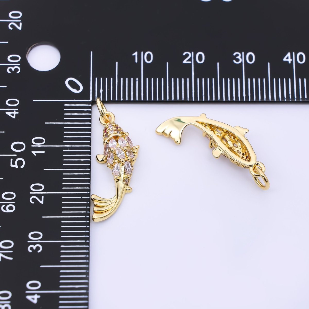 24K Gold Filled 23.5mm Red, Clear Micro Paved Marquise CZ Fish Sea Animals Charm | AJ391