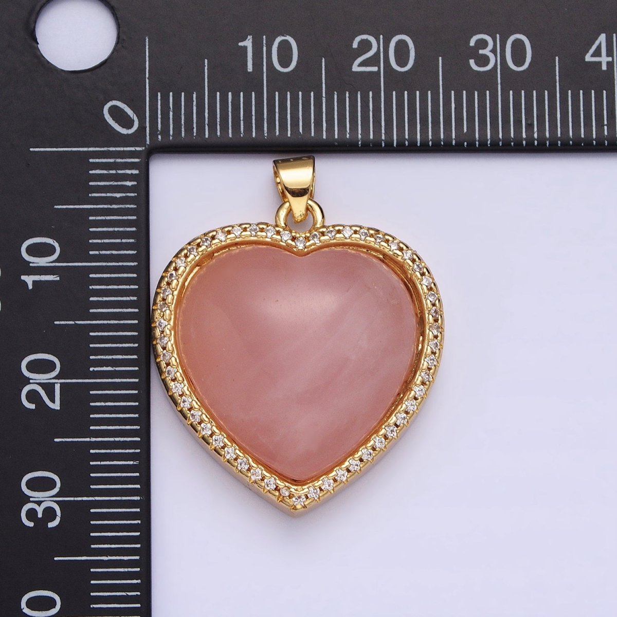 24K Gold Filled 23mm, 25mm, 31mm Heart Rose Quartz Natural Gemstone Micro Paved Pendant | AA279 AA276 AA278