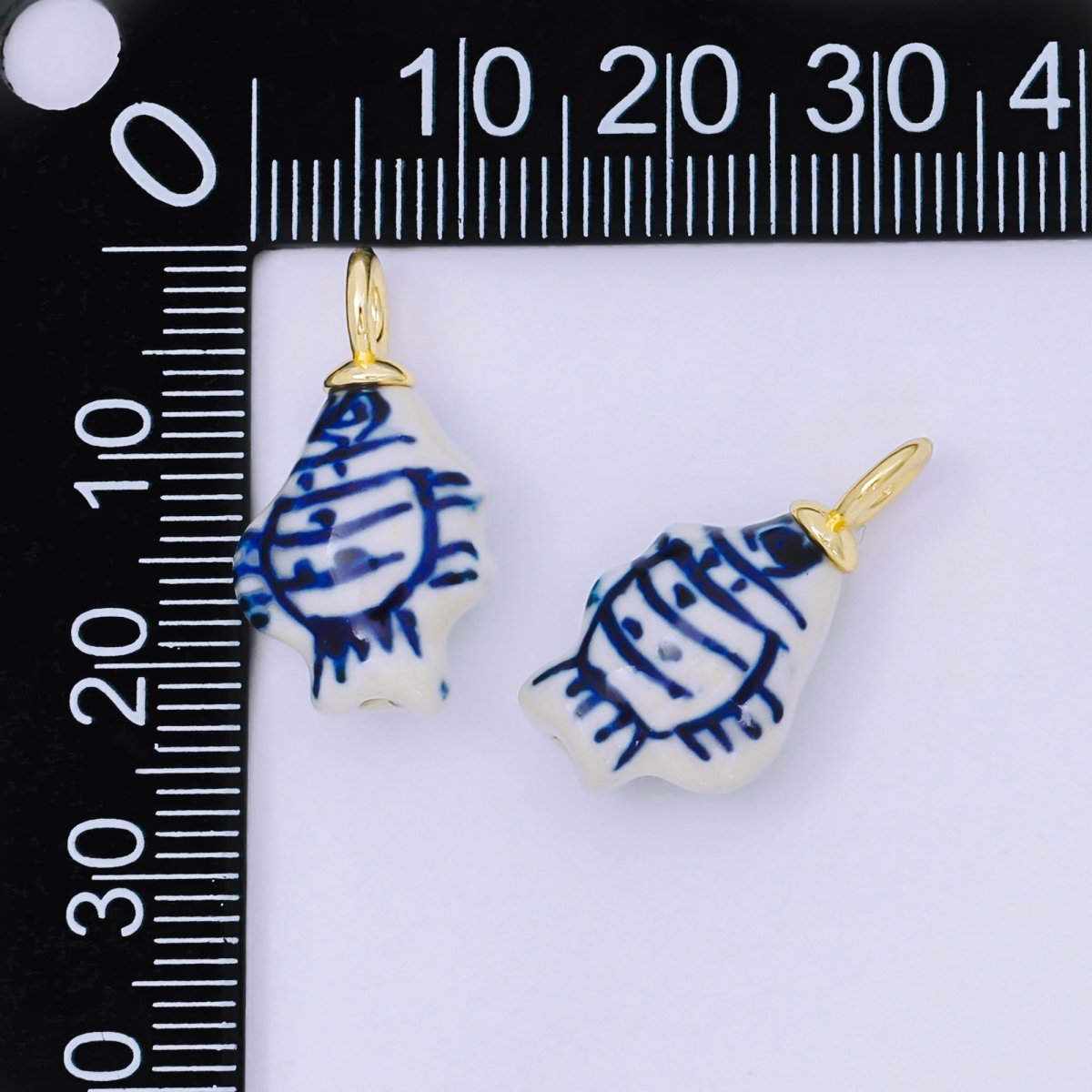24K Gold Filled 23mm Blue-White Porcelain Ceramics Fish Drop Charm | AF1276