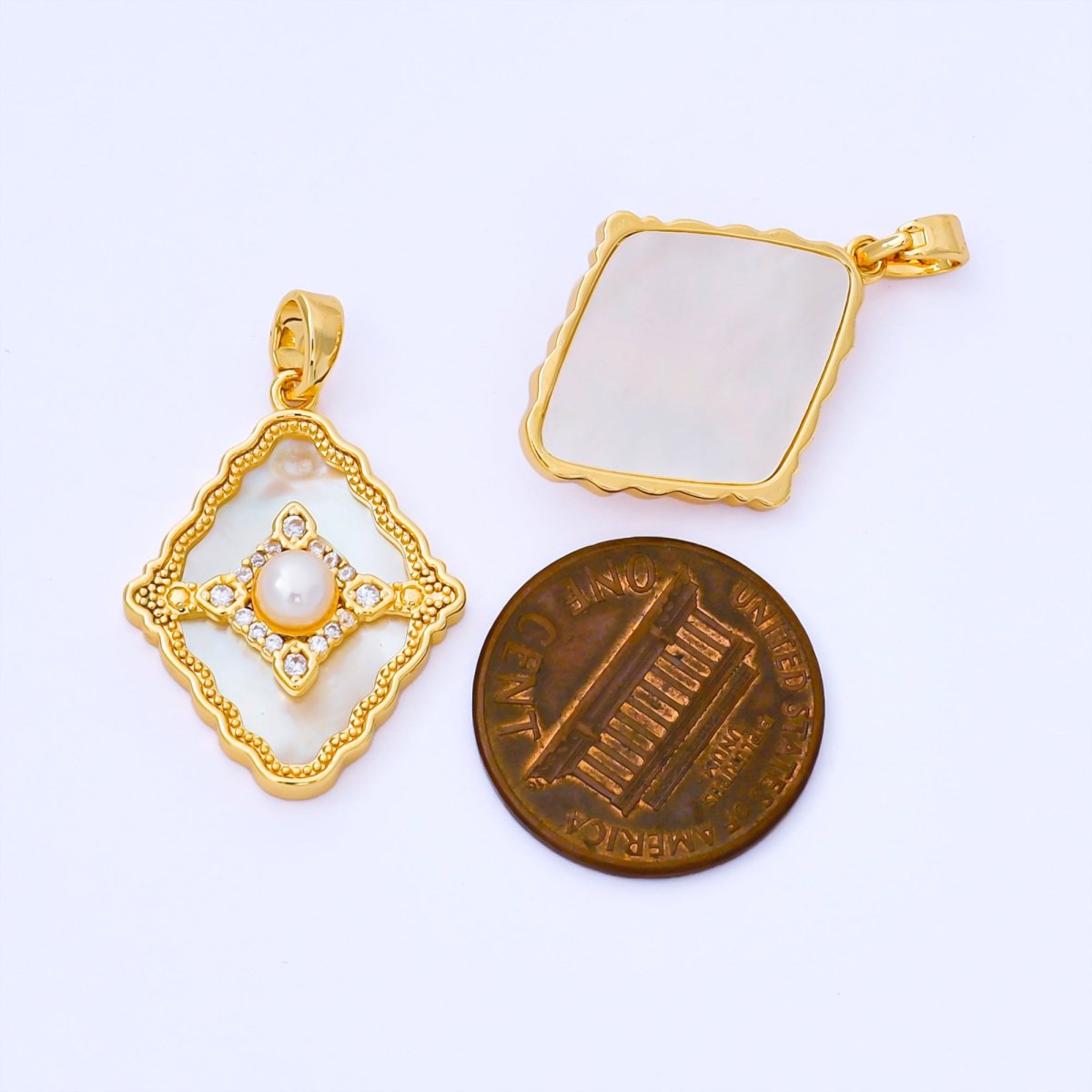 24K Gold Filled 24mm Micro Paved CZ Mother of Pearl Dazzling Rhombus Pendant | AA1653