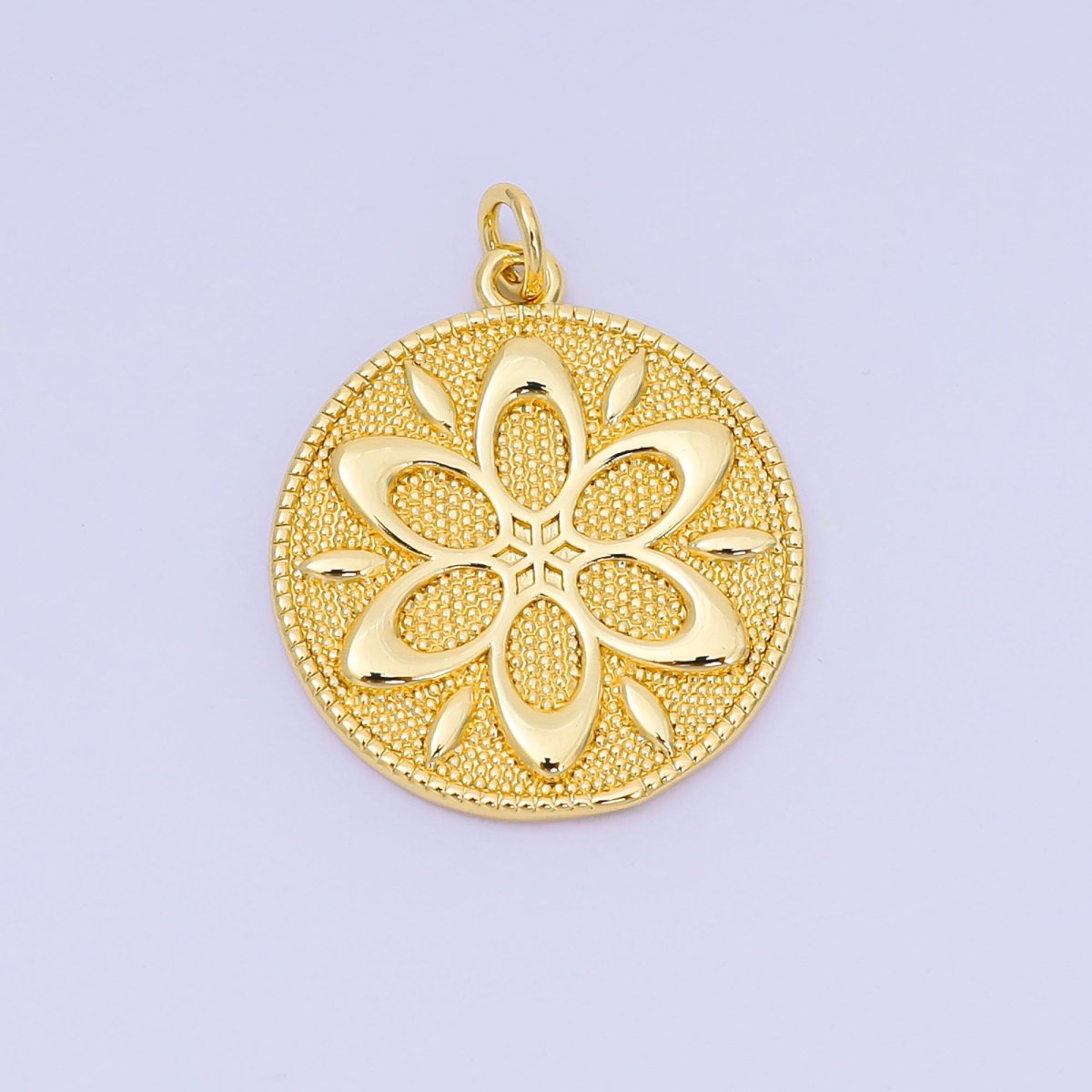 24K Gold Filled 24mm Sun Lotus Flower Textured Round Charm | AH647