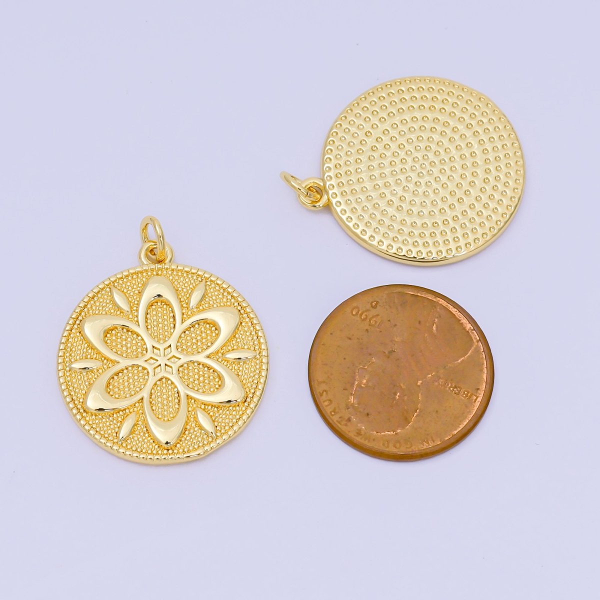 24K Gold Filled 24mm Sun Lotus Flower Textured Round Charm | AH647