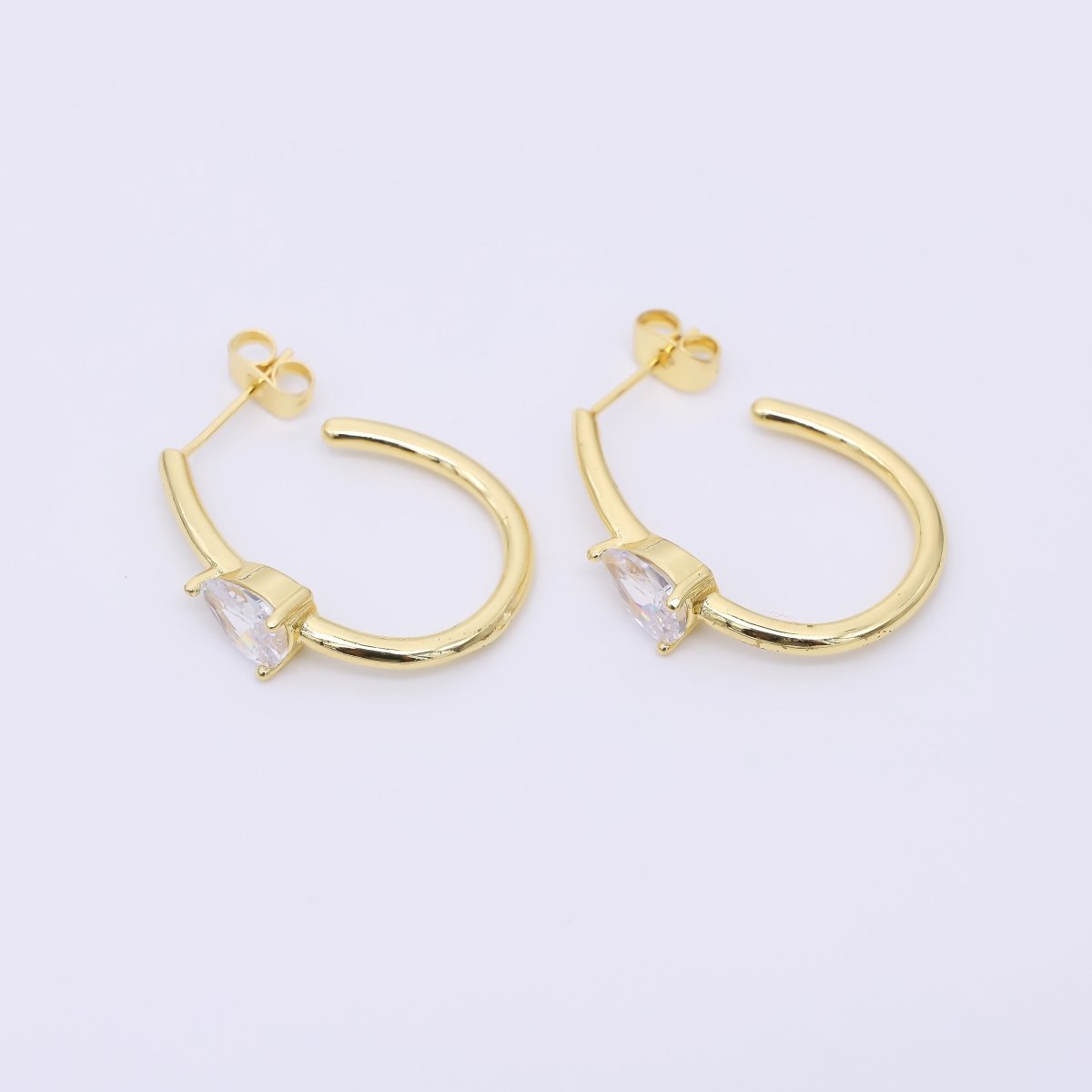 24K Gold Filled 27.5mm Clear CZ Teardrop J-Shaped Hoop Earrings | AI491