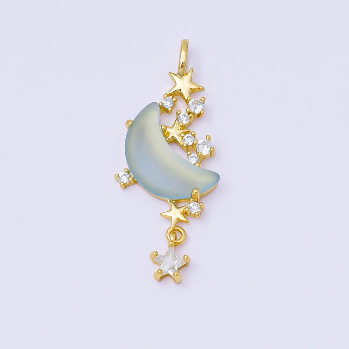 24K Gold Filled 27.5mm Micro Paved CZ Blue, Pink, Clear Stars Moonlight Set Drop Pendant | AA1628 AA1629