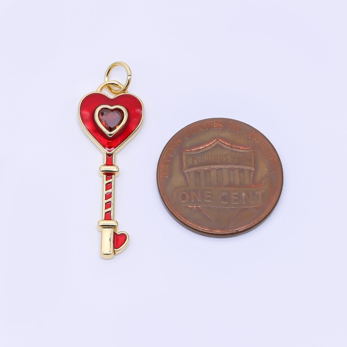 24K Gold Filled 28mm Red CZ Enamel Heart Key Charm | AC1603
