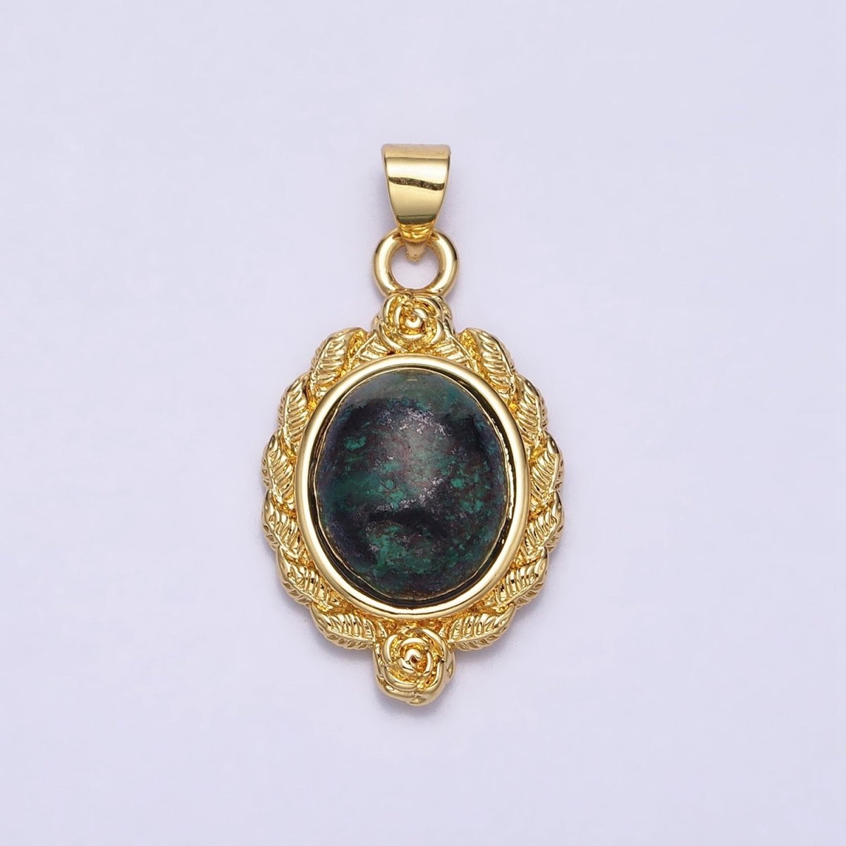 24K Gold Filled 29mm Lapis Lazuli, Malachite, Moss Agate Cabochon Gemstone Leaf Rose Bezel Pendant | AA286 - AA288