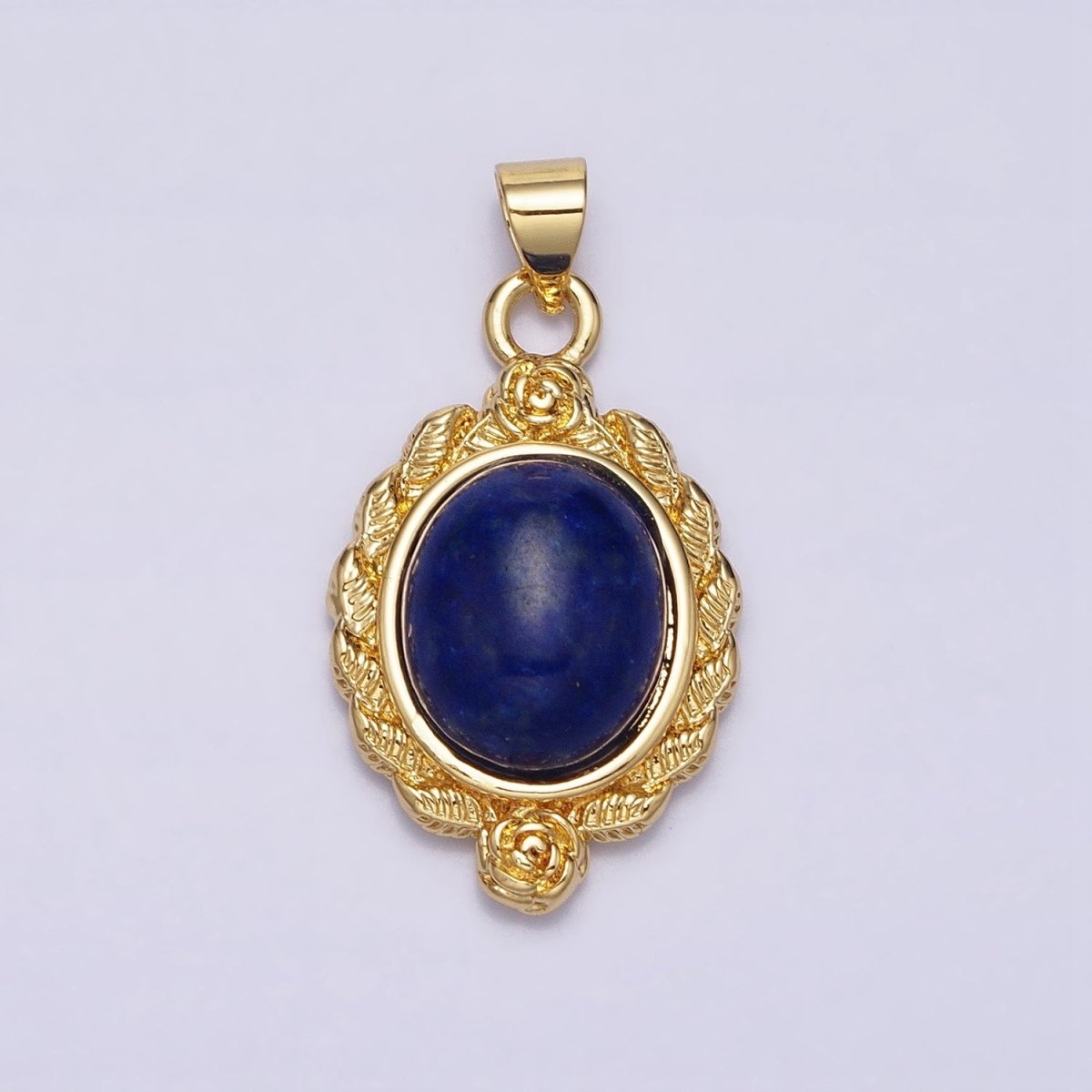 24K Gold Filled 29mm Lapis Lazuli, Malachite, Moss Agate Cabochon Gemstone Leaf Rose Bezel Pendant | AA286 - AA288