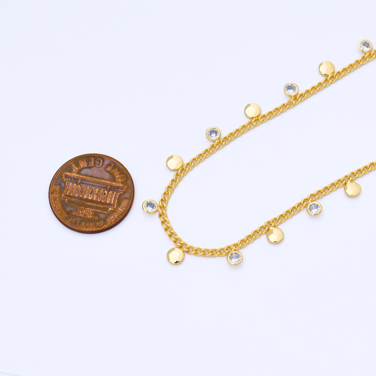 24K Gold Filled 2mm Curb Chain w. Round CZ Drop Unfinished Chain by Yard | Roll-1682