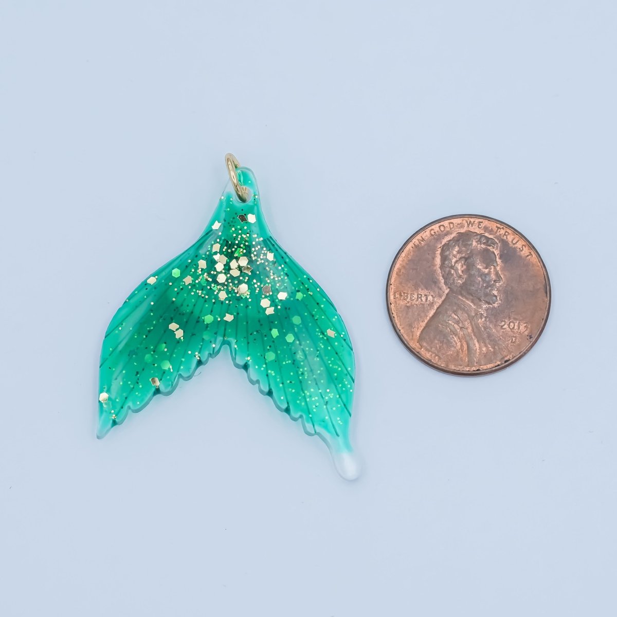 24K Gold Filled 34.5mm Green Gold-Fleck Mermaid Whale Fish Tail Acrylic Charm | N067