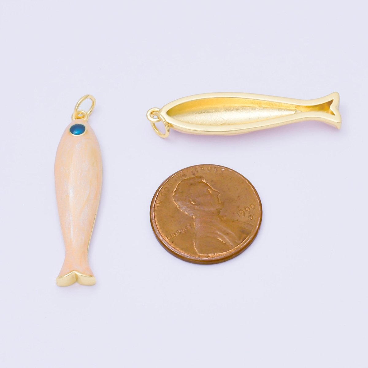24K Gold Filled 34mm Peach Enamel Sardine Sea Fish Charm | M568
