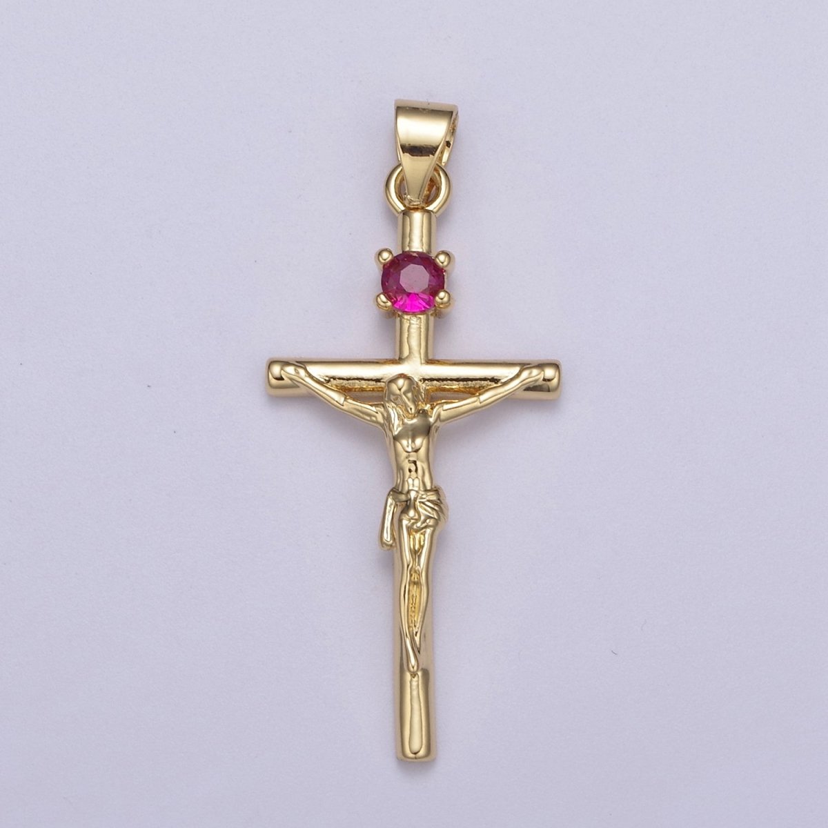 24K Gold Filled 35mm Fuchsia CZ Minimalist Crucifix Cross Pendant | H602