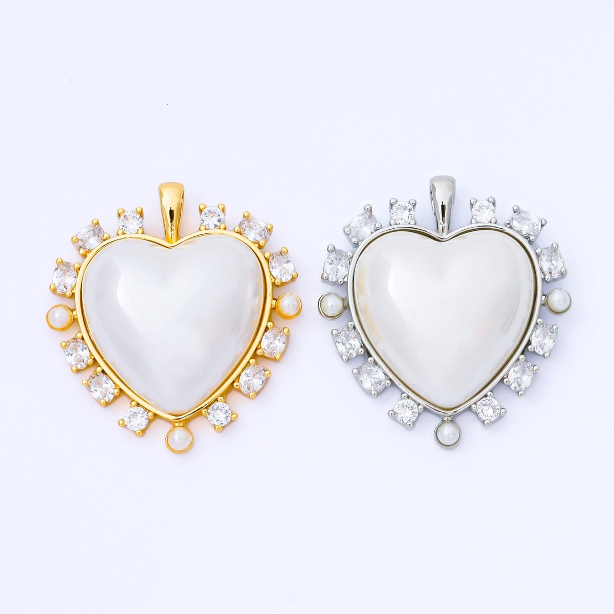 24K Gold Filled 35mm Shell Pearl Clear CZ Outline Heart Pendant in Gold & Silver | AA1658 AA1689