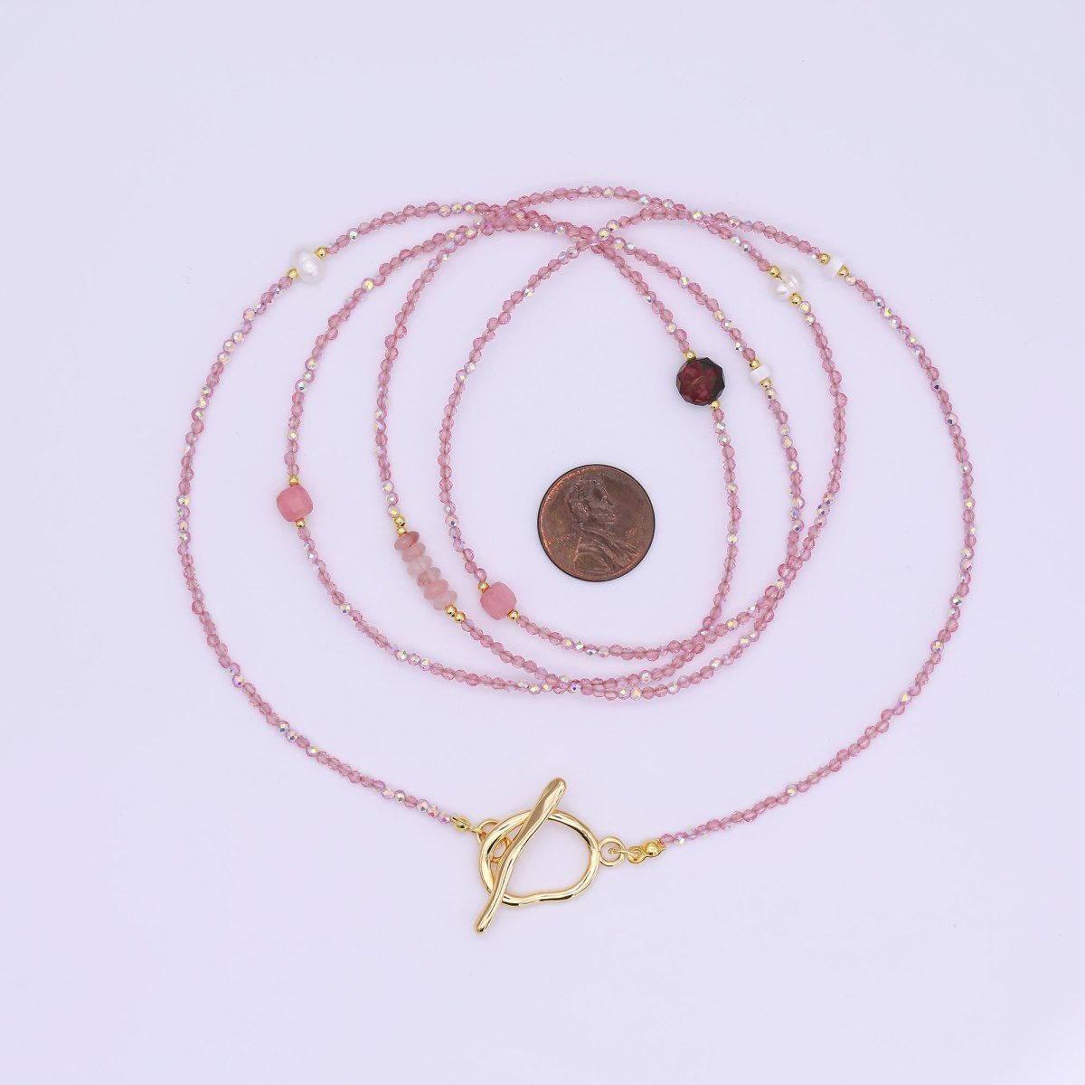 24K Gold Filled 3mm Shell Pearl Rose Pink Crystal Gemstone 40 Inches Necklace | WA-3079
