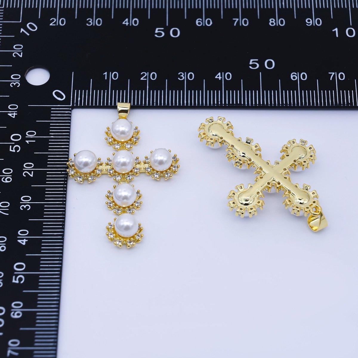 24K Gold Filled 40mm Shell Pearl Micro Paved CZ Religious Cross Pendant | AA1671